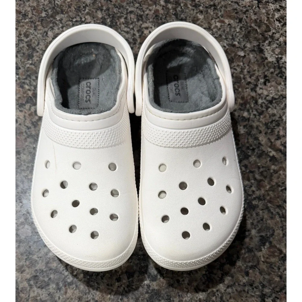 Crocs Classic Lined Clog White Grey‎ Fuzzy Fur Slip On Mens 9 Womens 11 Shoes